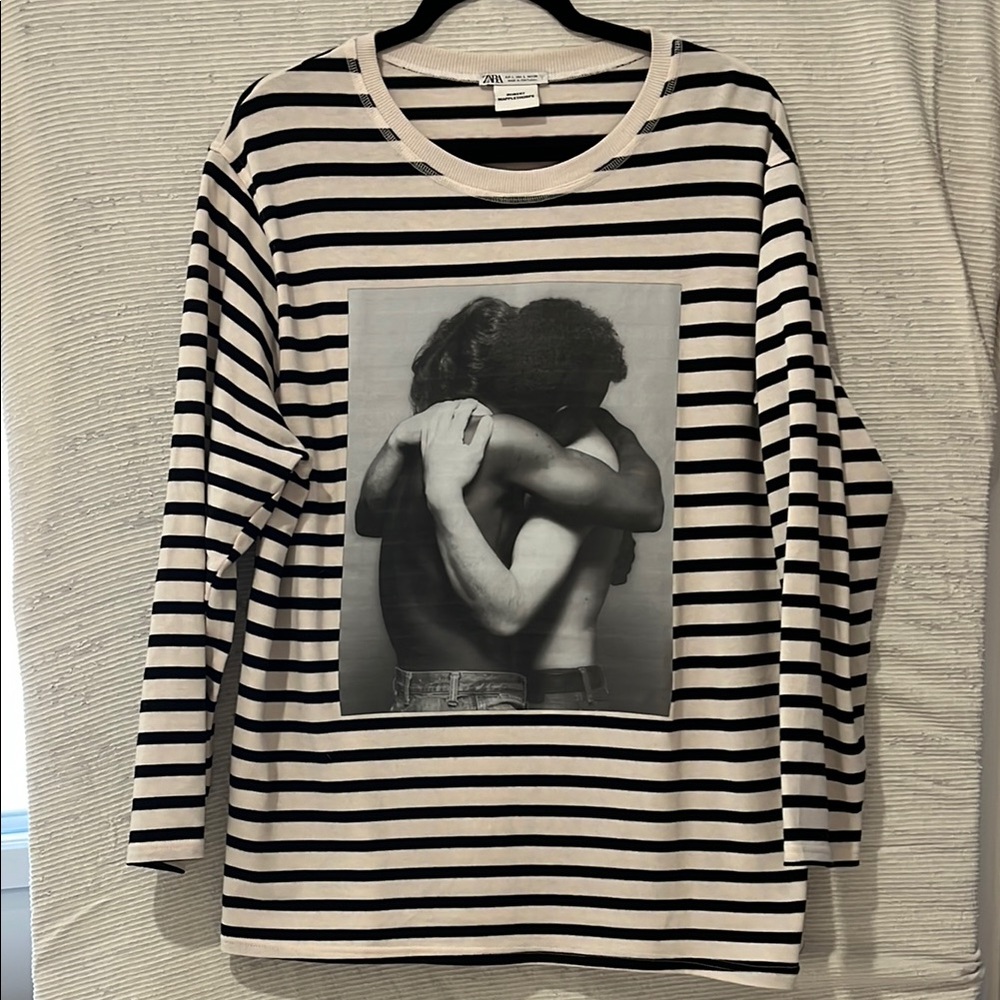 Zara Black and White Striped Long Sleeve Tee